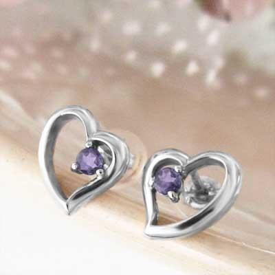Pt900 アメジスト(紫水晶) 一粒石 ピアス 2月誕生石 ハートの画像
