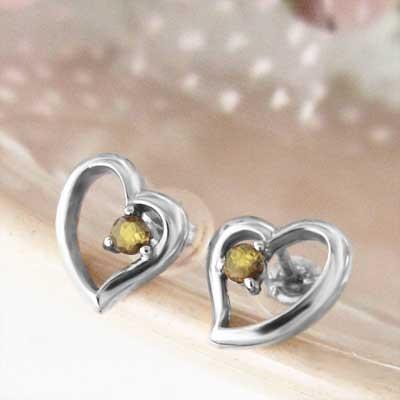 シトリン(黄水晶) 11月の誕生石 プラチナ900 一粒石 ピアス ハートの画像