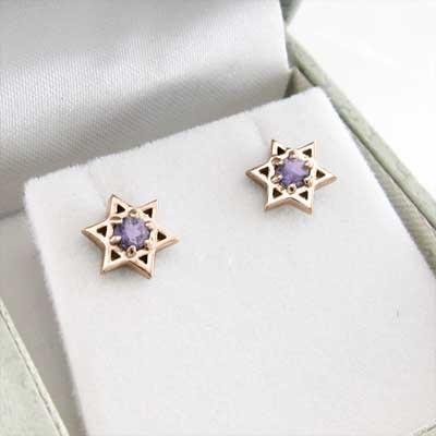 ピンクゴールドk18 一粒石 ジュエリーピアス 2月誕生石 スター アメジスト(紫水晶) 六芒星の画像