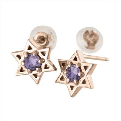 ピンクゴールドk18 一粒石 ジュエリーピアス 2月誕生石 スター アメジスト(紫水晶) 六芒星の画像