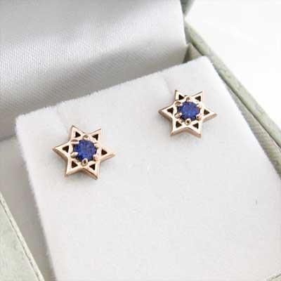 スター ピアス サファイヤ 六芒星 9月の誕生石 一粒石 18金ピンクゴールドの画像