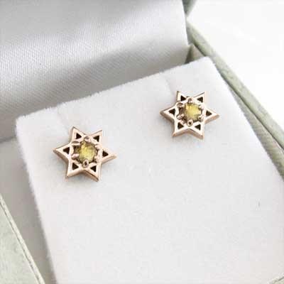 ピアス スター 六芒星 18金ピンクゴールド シトリントパーズ 一粒石 11月誕生石の画像
