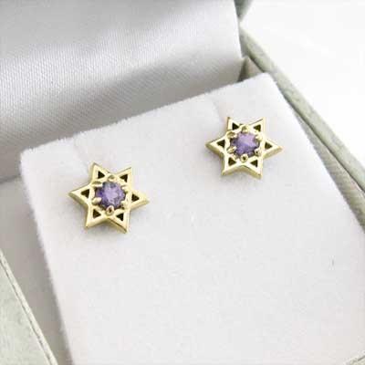 k18イエローゴールド 六芒星 アメシスト 一粒石 ジュエリーピアス 2月誕生石 スターの画像