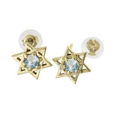 六芒星 3月誕生石 一粒石 スター ジュエリーピアス アクアマリン k18イエローゴールドの画像