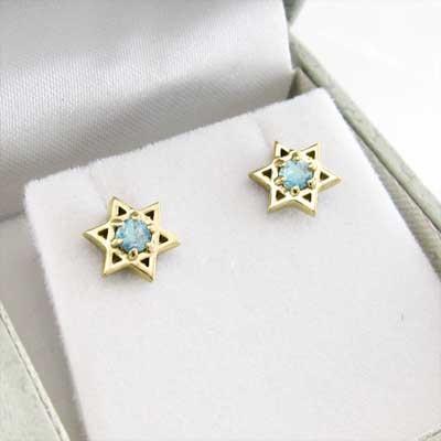 ピアス 一粒石 11月の誕生石 スター ブルートパーズ 六芒星 K18の画像