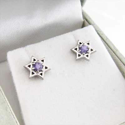 2月誕生石 白金（プラチナ）900 ピアス スター 六芒星 アメシスト(紫水晶) 一粒石の画像