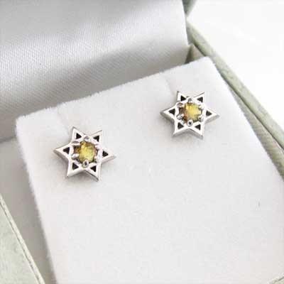 (黄水晶)シトリン ジュエリーピアス 白金（プラチナ）900 スター 六芒星 一粒石 11月誕生石の画像
