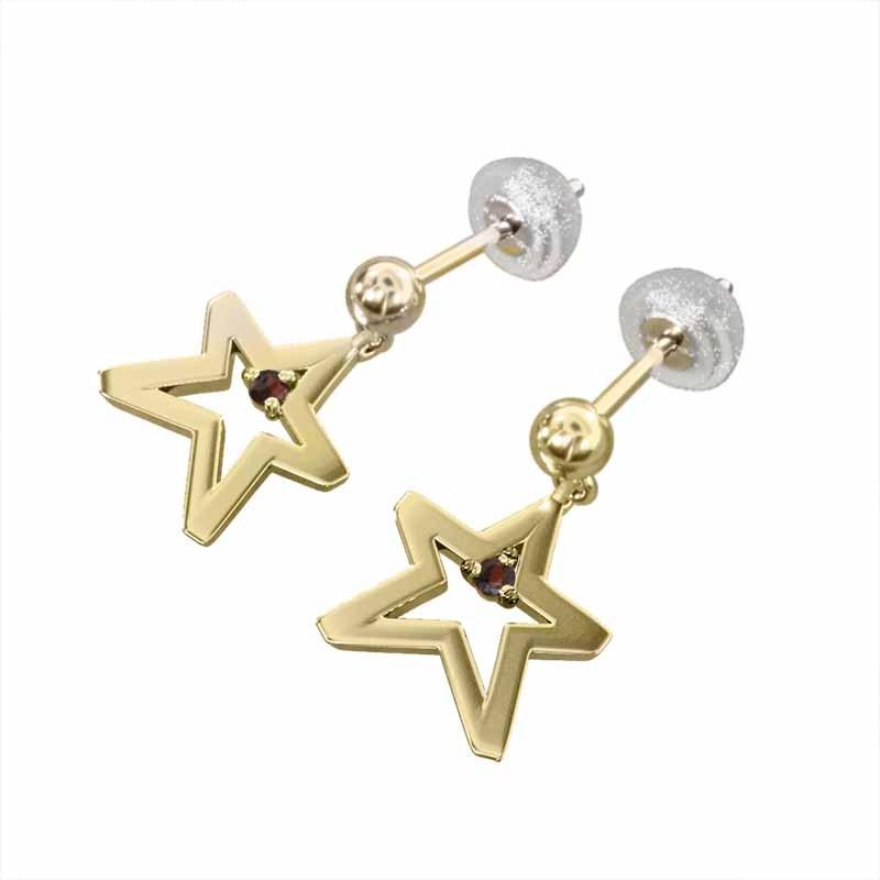 ジュエリーピアス スター 18金イエローゴールド 小サイズ 一粒石 ガーネット 1月の誕生石の画像