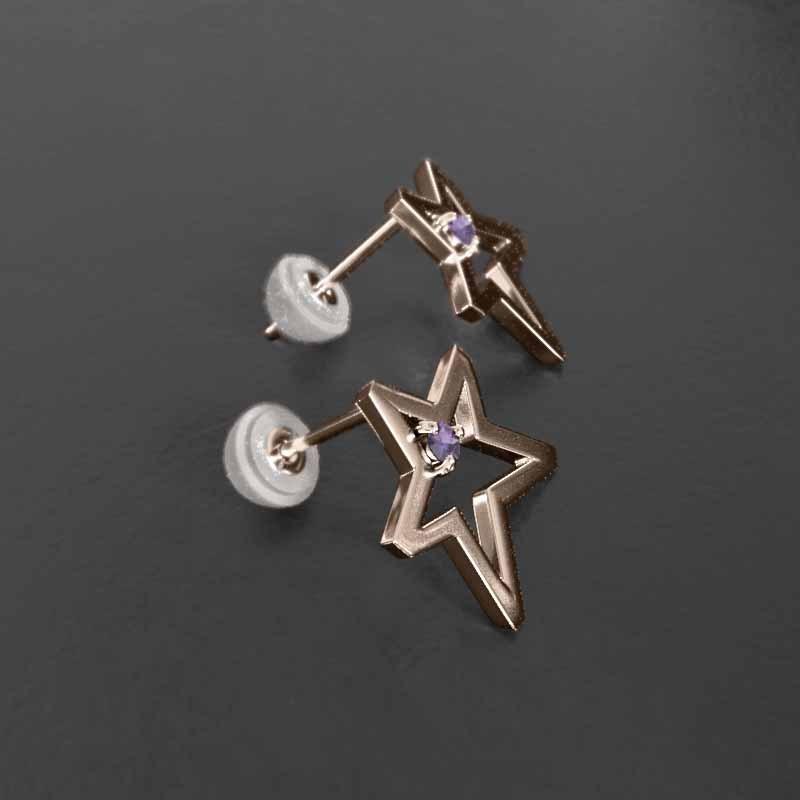 アメジスト スター 中サイズ 一粒石 ジュエリーピアス 2月誕生石 k18ピンクゴールドの画像