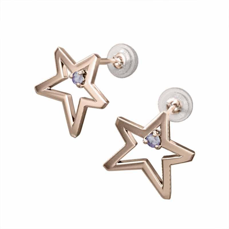 スター ジュエリーピアス タンザナイト 12月の誕生石 k18ピンクゴールド 中サイズ 一粒石の画像