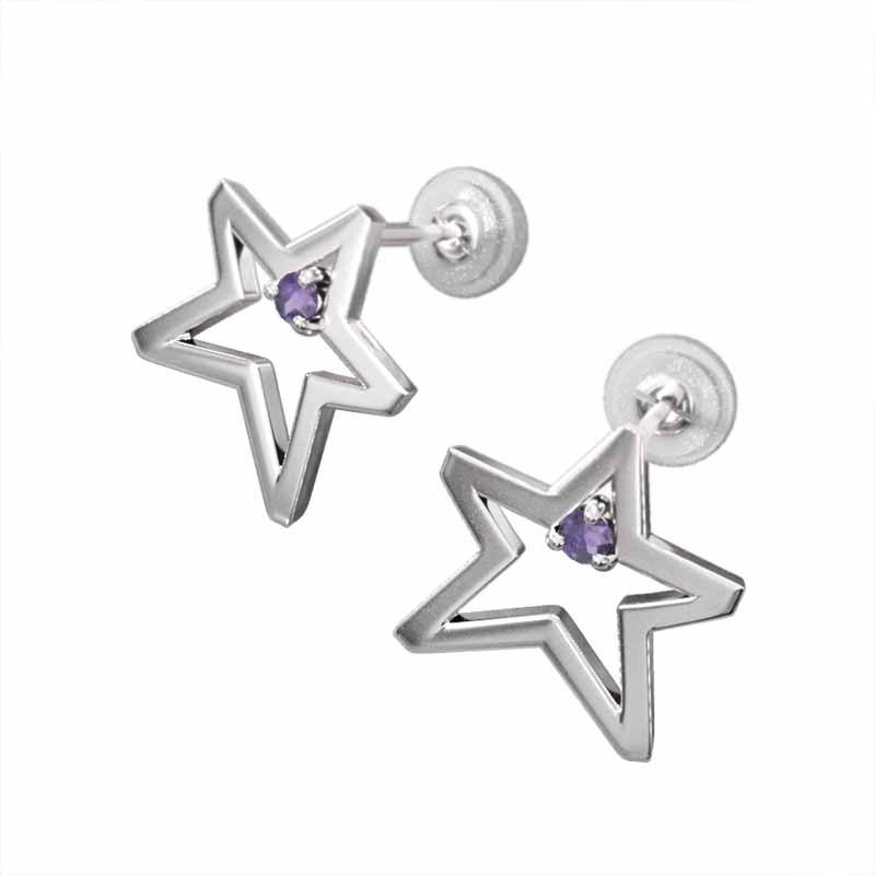 2月の誕生石 18金ホワイトゴールド 中サイズ ピアス 一粒石 アメジスト(紫水晶) スターの画像
