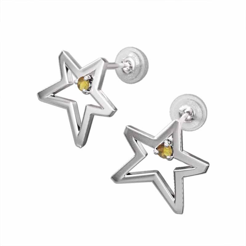 シトリントパーズ ジュエリーピアス 11月の誕生石 18金ホワイトゴールド スター 一粒石 中サイズの画像