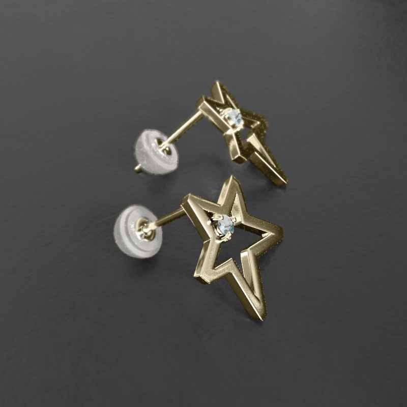 18金イエローゴールド ジュエリーピアス 中サイズ 3月誕生石 アクアマリン スター 一粒石の画像