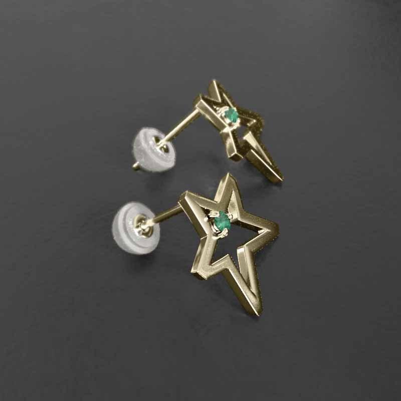 中サイズ 5月誕生石 スター エメラルド 一粒石 ピアス k18イエローゴールドの画像