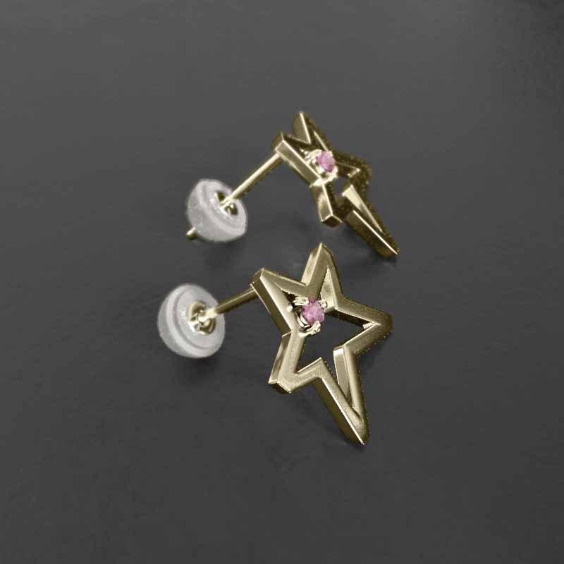 一粒石 ジュエリーピアス 10月誕生石 18金イエローゴールド 中サイズ スター ピンクトルマリンの画像