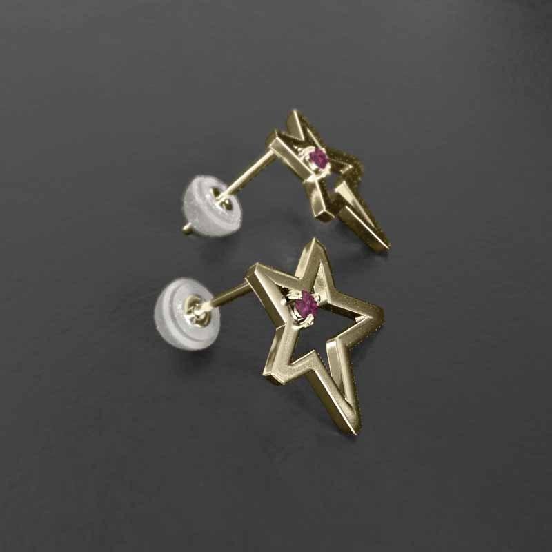 ピアス 中サイズ 18金イエローゴールド スター 7月誕生石 一粒石 ルビーの画像