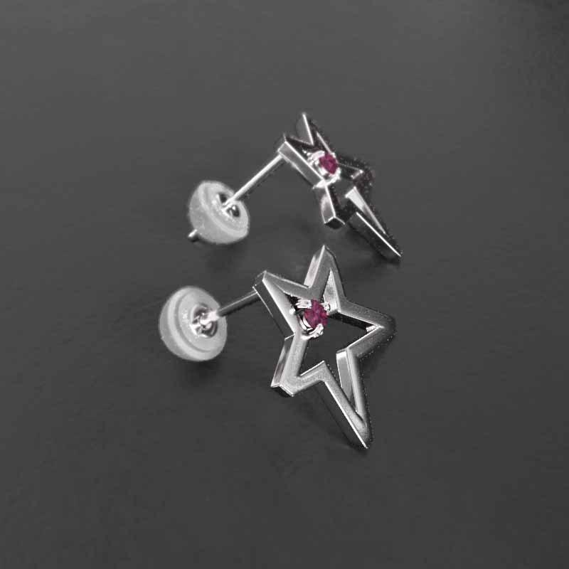 Pt900 スター 一粒石 ピアス 中サイズ ルビー 7月誕生石の画像