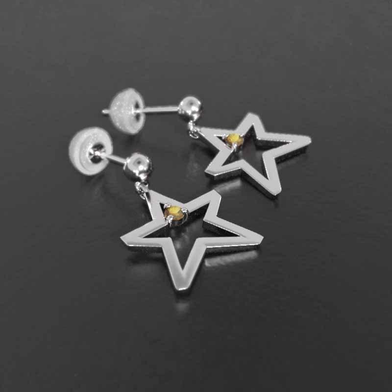 一粒石 シトリン(黄水晶) 中サイズ スター ジュエリーピアス k18ホワイトゴールド 11月の誕生石の画像