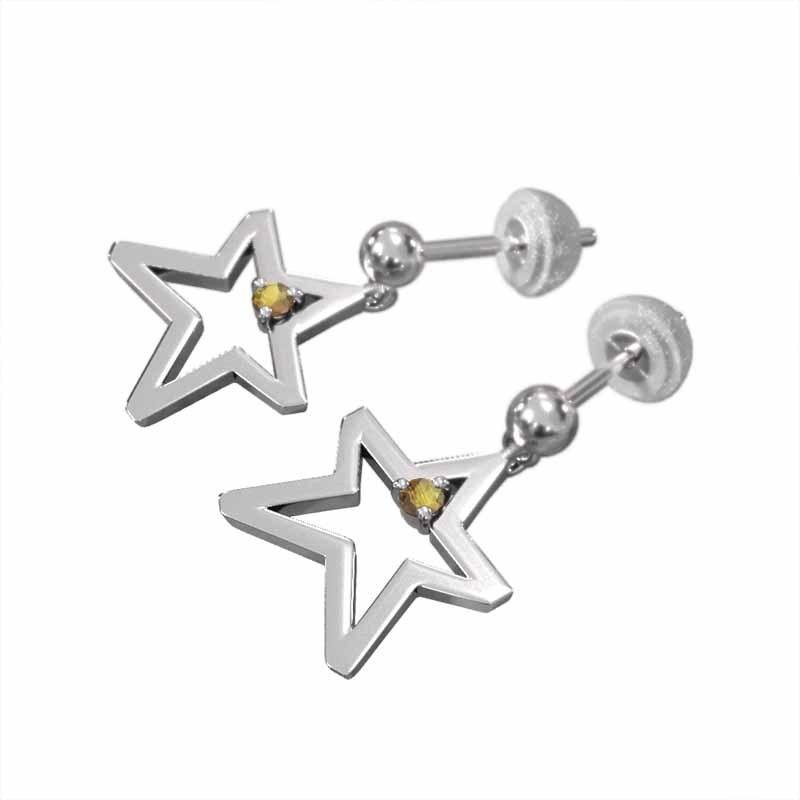 一粒石 シトリン(黄水晶) 中サイズ スター ジュエリーピアス k18ホワイトゴールド 11月の誕生石の画像