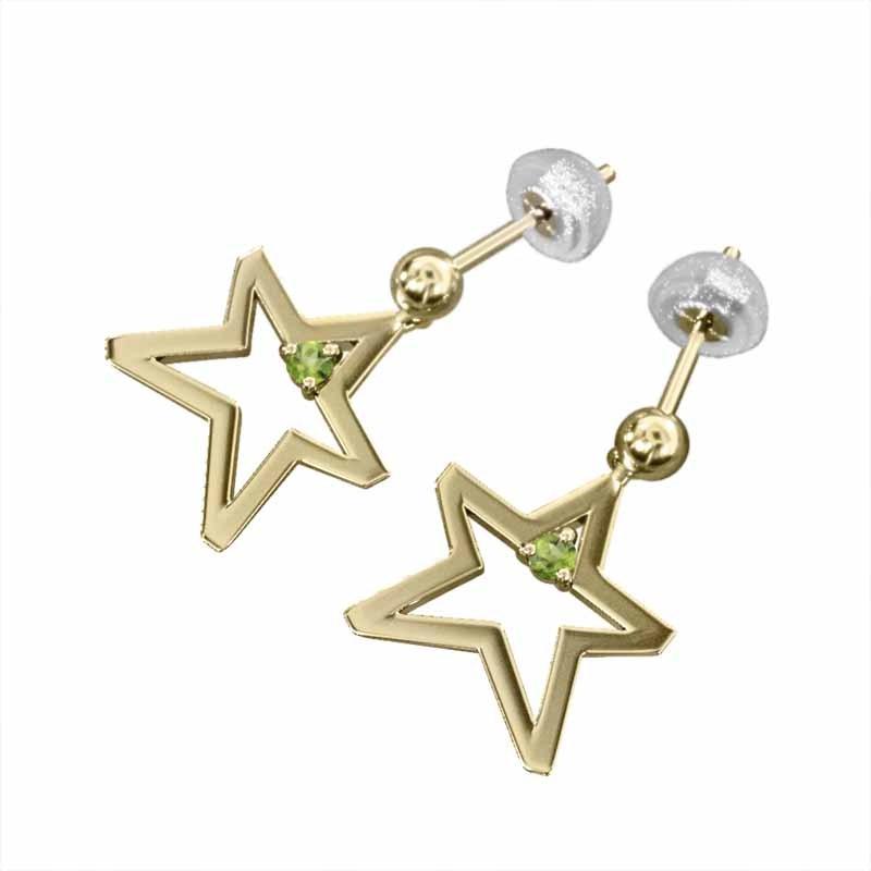 8月の誕生石 k18イエローゴールド ピアス スター 中サイズ 一粒石 ペリドットの画像