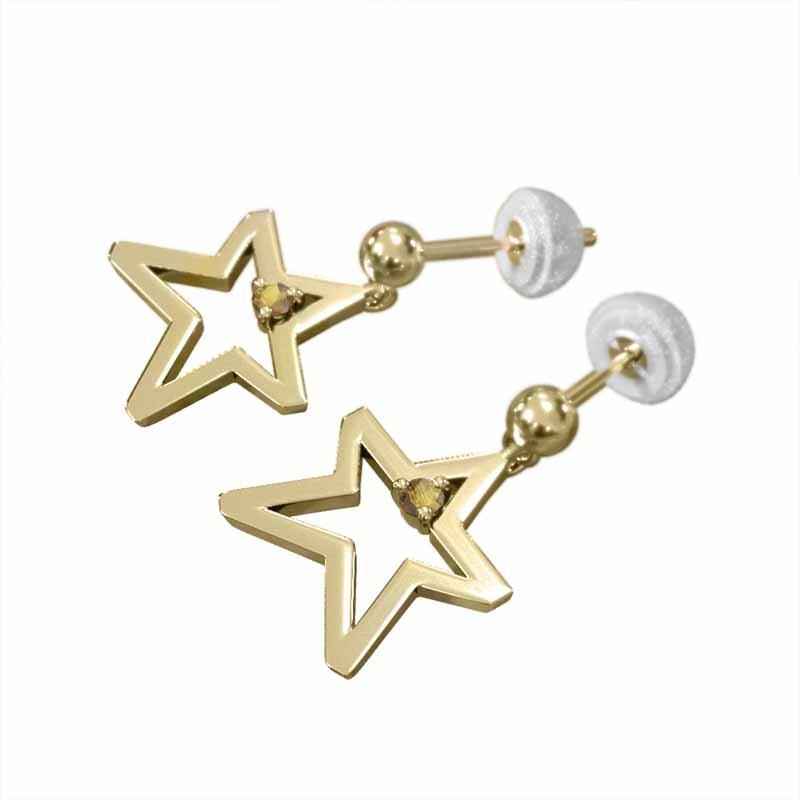 ペア ピアス 1粒 石 星 ジュエリー シトリン(黄水晶) k18イエローゴールド キャッチ付き 中サイズ ブラブラタイプ