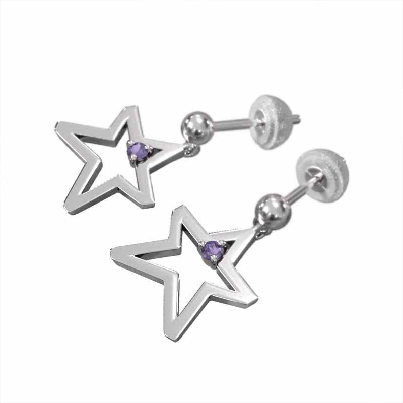 アメシスト(紫水晶) 中サイズ 一粒石 白金（プラチナ）900 ピアス スター 2月誕生石の画像