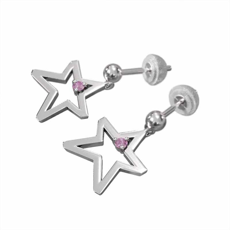 スター 一粒石 9月の誕生石 ピアス ピンクサファイア 中サイズ プラチナ900の画像