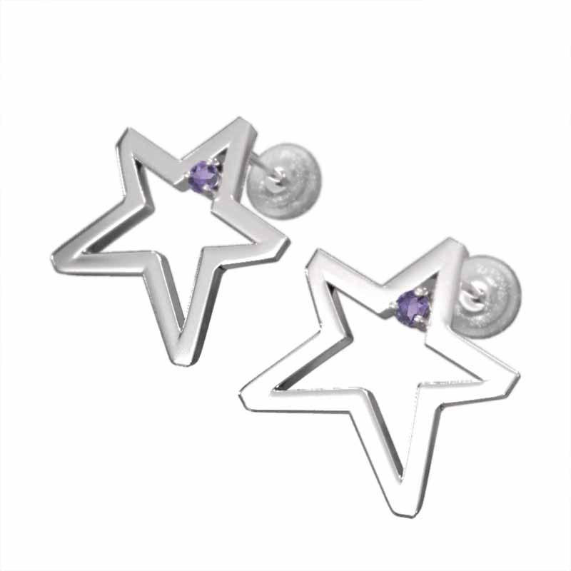 大サイズ 一粒石 2月の誕生石 アメシスト(紫水晶) ピアス スター k18ホワイトゴールドの画像