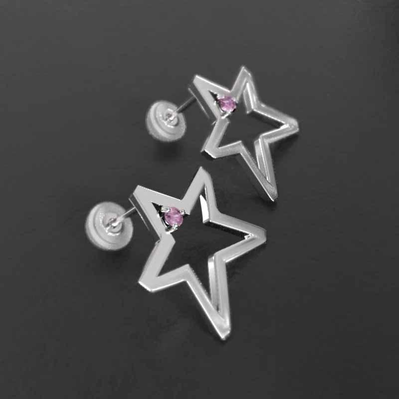 一粒石 スター 18金ホワイトゴールド ピンクサファイヤ 大サイズ ジュエリーピアス 9月誕生石の画像