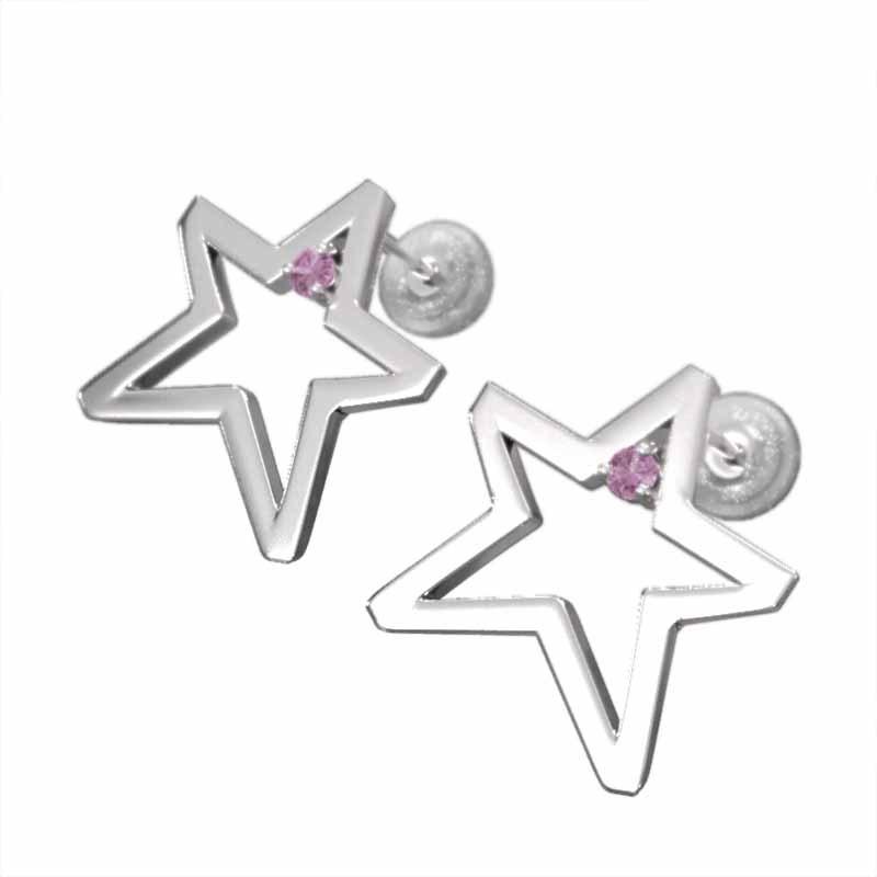 一粒石 スター 18金ホワイトゴールド ピンクサファイヤ 大サイズ ジュエリーピアス 9月誕生石の画像