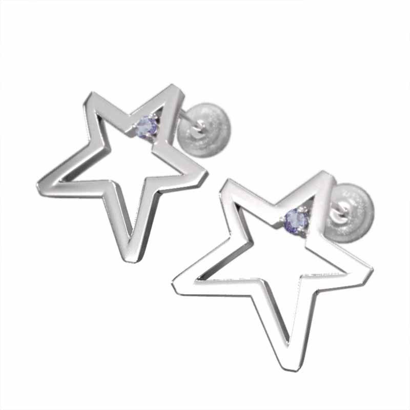 ピアス スター 12月誕生石 18金ホワイトゴールド タンザナイト 大サイズ 一粒石の画像