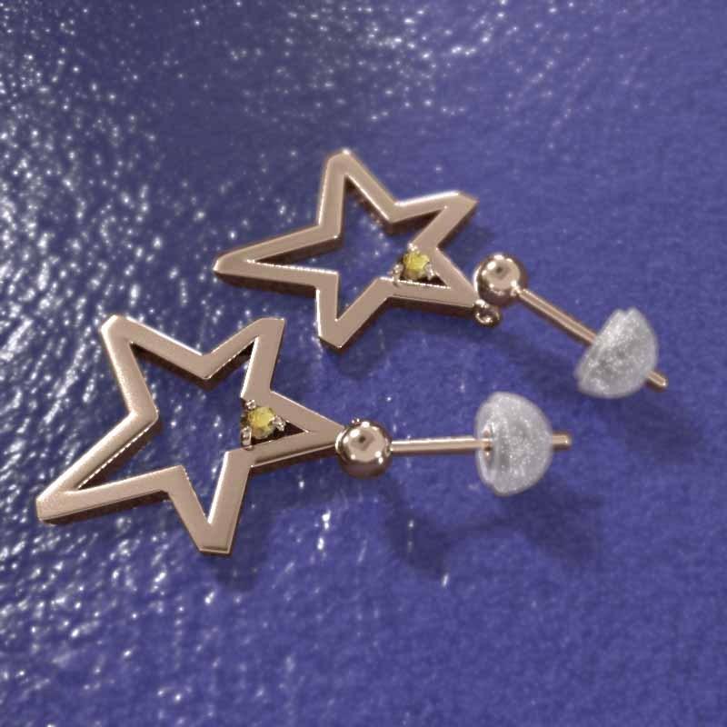 シトリントパーズ ジュエリーピアス 11月の誕生石 18金ピンクゴールド スター 一粒石 大サイズの画像