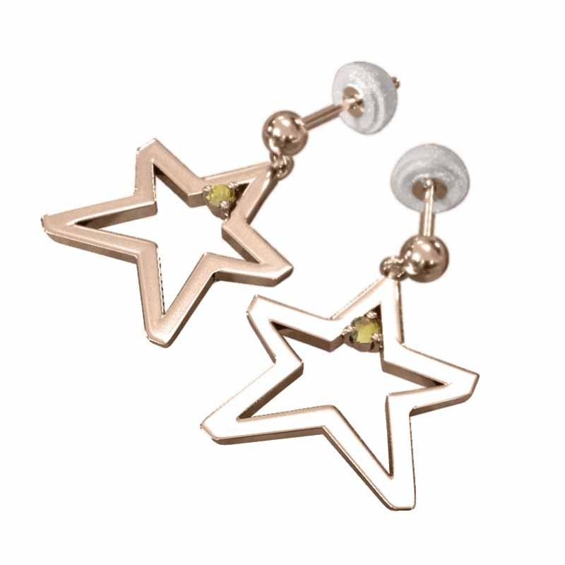 シトリントパーズ ジュエリーピアス 11月の誕生石 18金ピンクゴールド スター 一粒石 大サイズの画像
