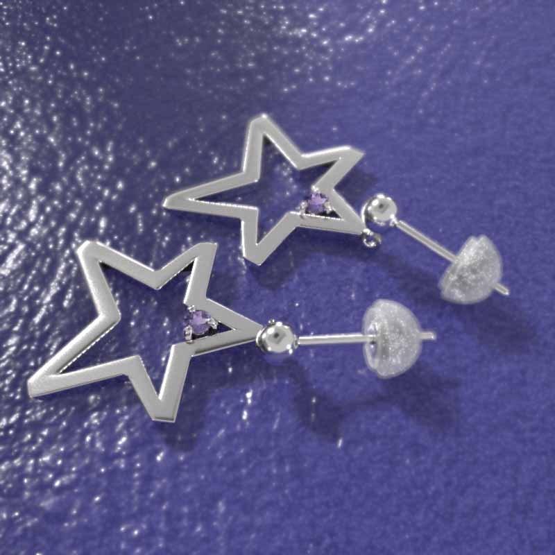 2月の誕生石 スター 一粒石 大サイズ ピアス アメジスト(紫水晶) 18金ホワイトゴールドの画像