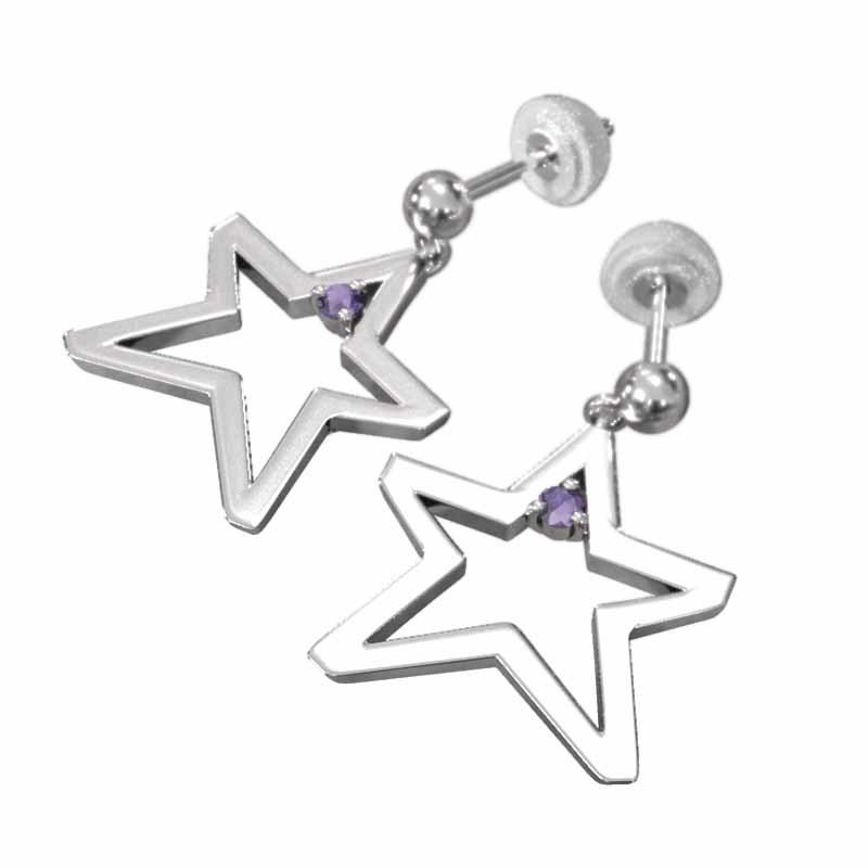 2月の誕生石 スター 一粒石 大サイズ ピアス アメジスト(紫水晶) 18金ホワイトゴールドの画像