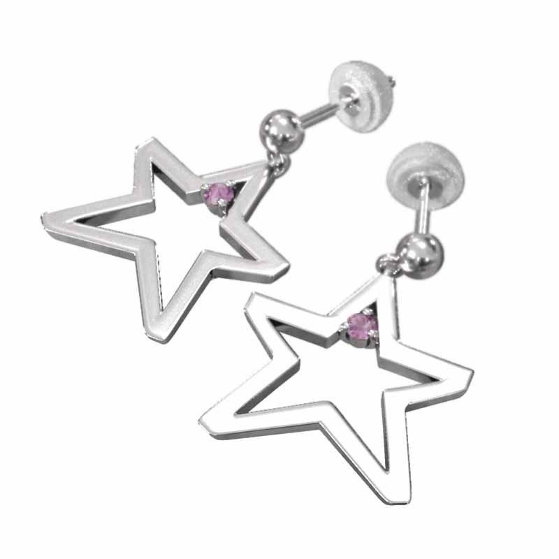 ピアス プラチナ900 9月の誕生石 ピンクサファイア 大サイズ スター 一粒石の画像