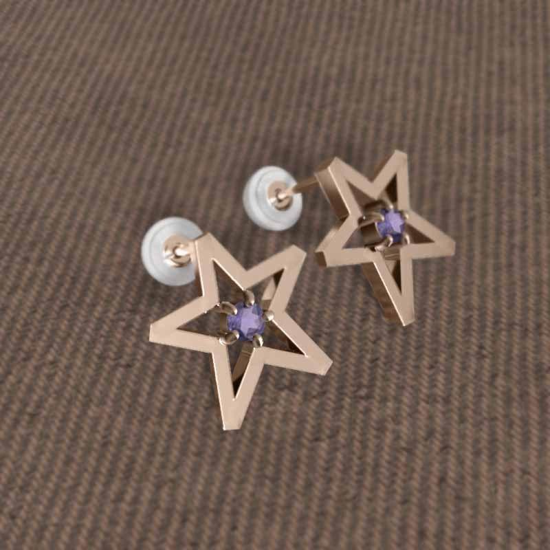 2月の誕生石 アメジスト スター 一粒石 中サイズ ジュエリーピアス k18ピンクゴールドの画像