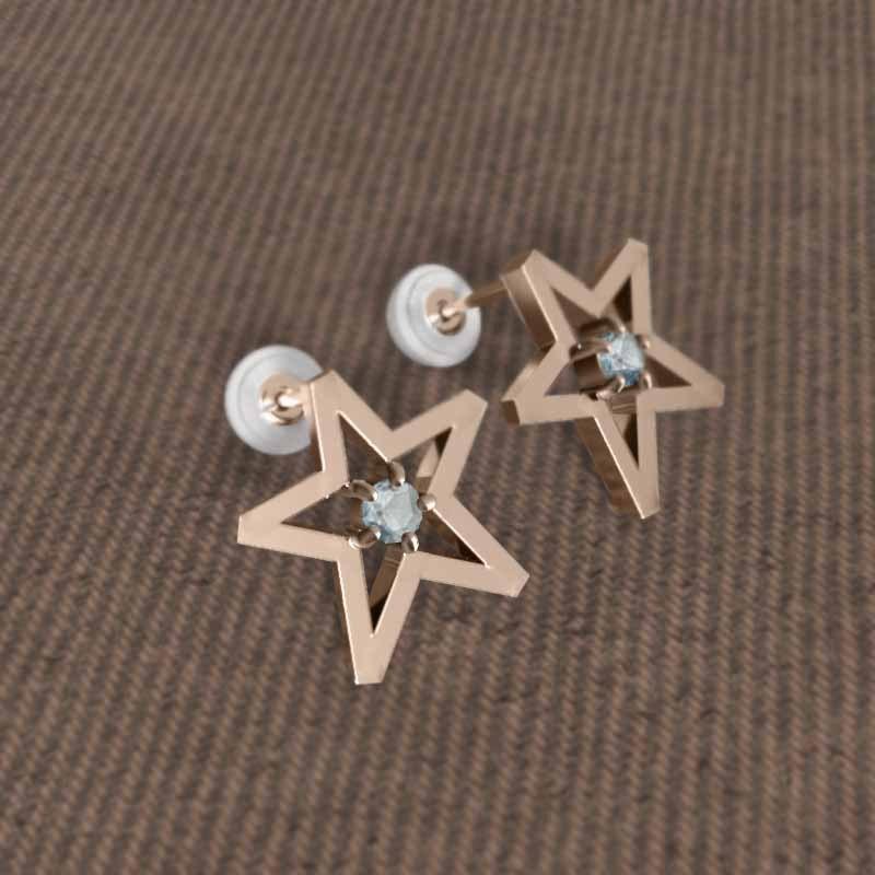 一粒石 スター 中サイズ k18ピンクゴールド アクアマリン 3月の誕生石 ピアスの画像