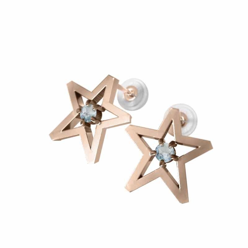 一粒石 スター 中サイズ k18ピンクゴールド アクアマリン 3月の誕生石 ピアスの画像