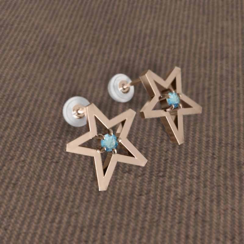 中サイズ スター 一粒石 ブルートパーズ(青) ジュエリーピアス k18ピンクゴールド 11月の誕生石の画像