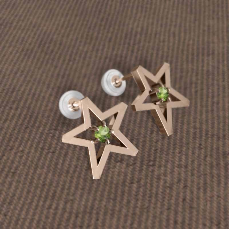 スター 8月誕生石 ペリドット 一粒石 中サイズ k18ピンクゴールド ピアスの画像