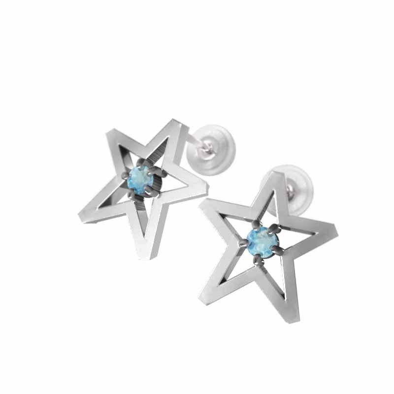 一粒石 ブルートパーズ(青) ジュエリーピアス 中サイズ 11月の誕生石 スター k18ホワイトゴールドの画像
