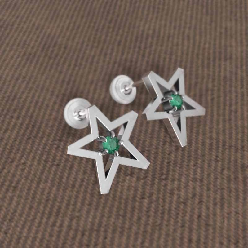 エメラルド スター 5月の誕生石 一粒石 ピアス 中サイズ 18金ホワイトゴールドの画像