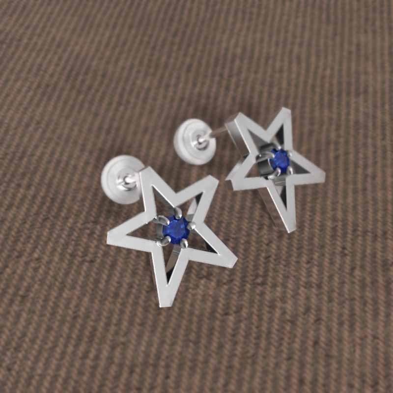 中サイズ 一粒石 スター ジュエリーピアス 18金ホワイトゴールド 9月誕生石 サファイヤの画像