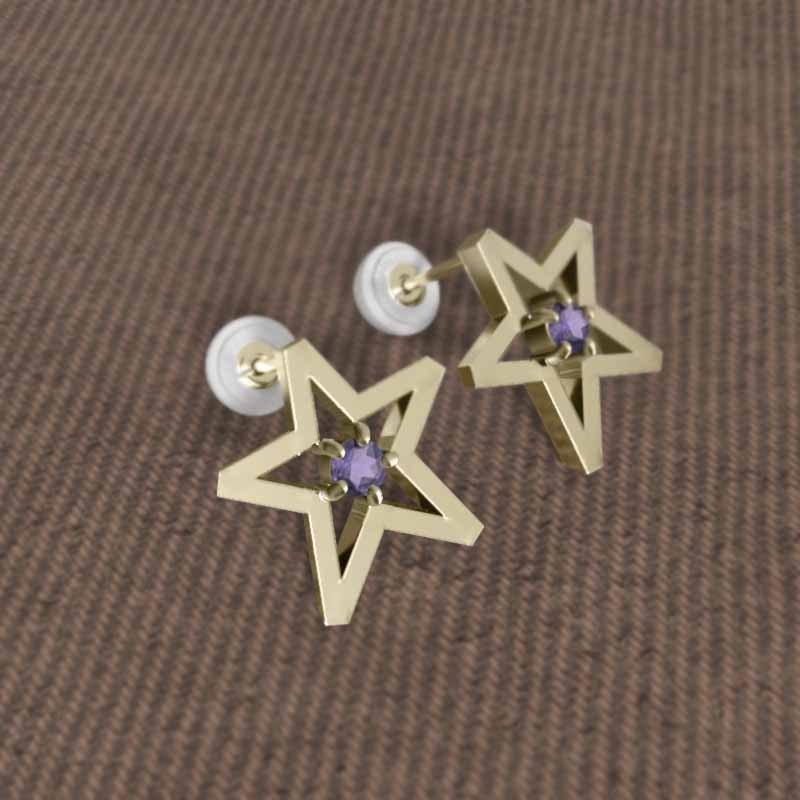 アメシスト 2月誕生石 中サイズ ジュエリーピアス スター 一粒石 k18イエローゴールドの画像