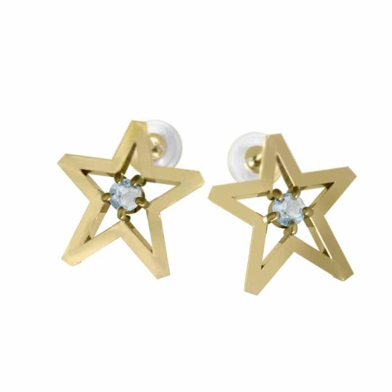 3月の誕生石 アクアマリン ピアス スター 一粒石 中サイズ k18イエローゴールドの画像