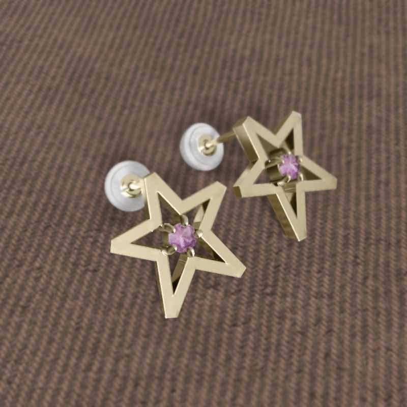 9月の誕生石 ピンクサファイア スター 一粒石 k18 ジュエリーピアス 中サイズの画像