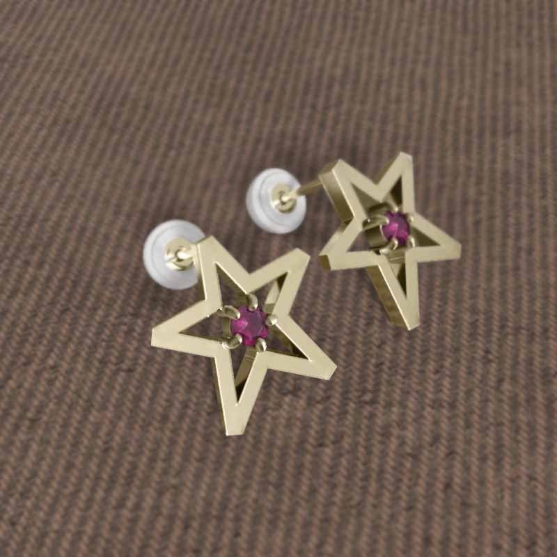 一粒石 スター ピアス ルビー 7月の誕生石 中サイズ k18イエローゴールドの画像