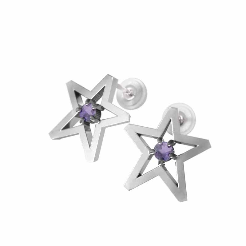 スター 一粒石 Pt900 2月の誕生石 中サイズ ピアス アメジスト(紫水晶)の画像