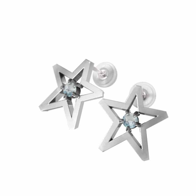 ピアス プラチナ900 スター 一粒石 アクアマリン 中サイズ 3月の誕生石の画像